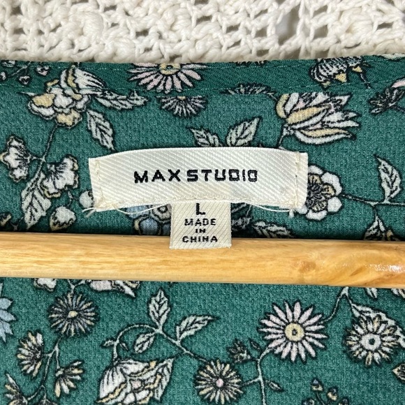 Max Studio Dress Size Large Green Crepe Ruffle Wrap Midi Short Sleeve Floral - Picture 7 of 7